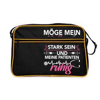 Krankenschwester Shirt · Pflege · Kaffee stark - Retro Tasche - Schwarz/Gold - Vorne