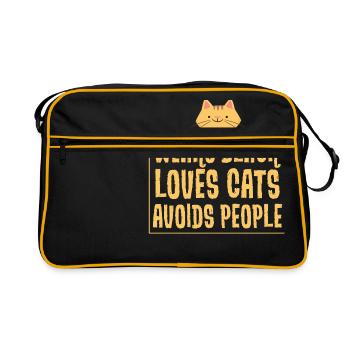 Trage schwarz - liebe Katzen - vermeide Menschen - Retro Tasche - Schwarz/Gold - Vorne