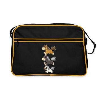 Drei Galoppierende Pferde Comic Design - Retro Tasche - Schwarz/Gold - Vorne