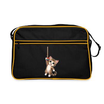 Katze hängt am Seil - Retro Tasche - Schwarz/Gold - Vorne