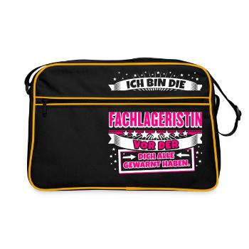 Lustiges Shirt Verrückte Fachlageristin - Retro Tasche - Schwarz/Gold - Vorne