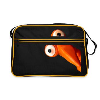 Lustiger oranger Vogel mit großen Augen - Retro Tasche - Schwarz/Gold - Vorne
