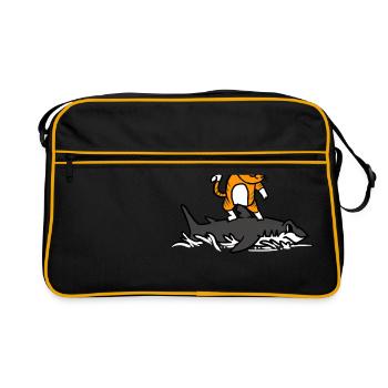 Cat Riding A Shark Funny Cartoon Surfing Graphic - Retro Bag - black/gold - Front