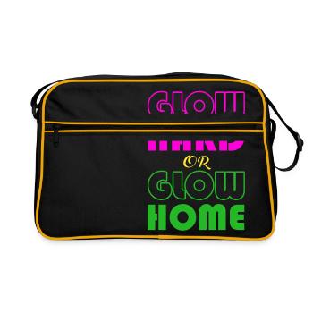 Glühen Sie hartes oder Glühen-Zuhause-T-Shirt Lustiges Retro Glühen - Retro Tasche - Schwarz/Gold - Vorne