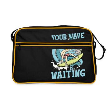Your wave waits for I surfer & beach with palm trees - Retro Bag - black/gold - Front