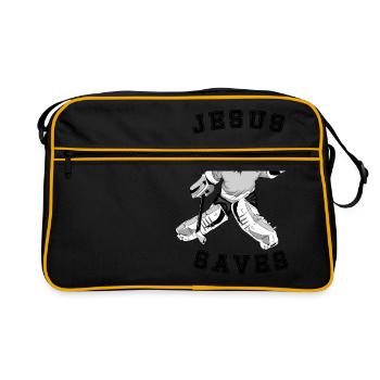 Jesus Saves Atheismus Atheism Eishockey - Retro Tasche - Schwarz/Gold - Vorne