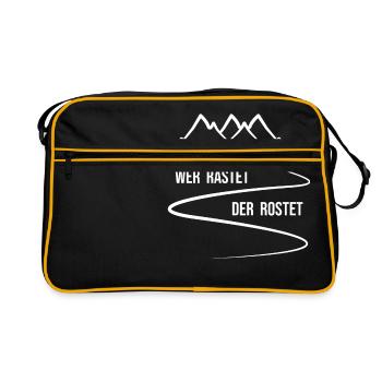 Wer rastet der rostet - Berge Wanderweg Skispur - Retro Tasche - Schwarz/Gold - Vorne