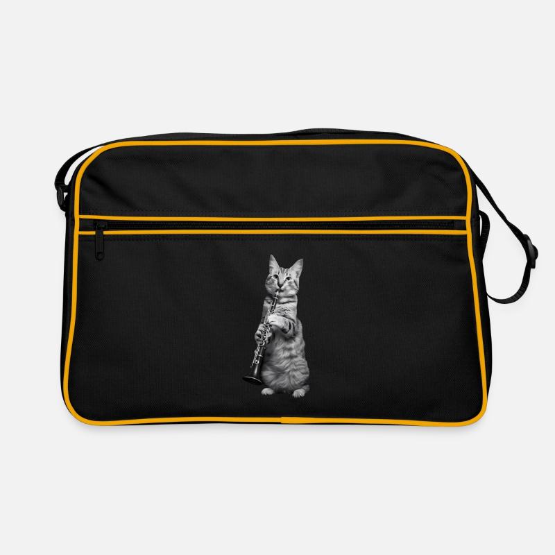 Katze Klarinette - Retro Tasche - Schwarz/Gold
