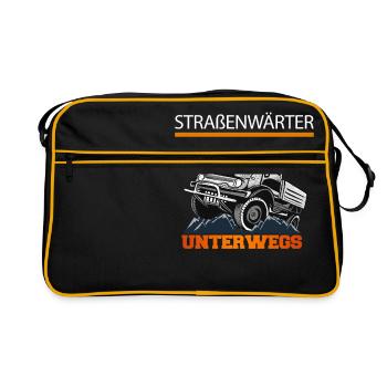 Straßenwärter Unimog 406, Offroad, Nutzfahrzeug - Retro Tasche - Schwarz/Gold - Vorne