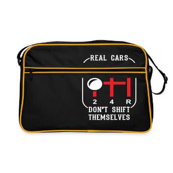 Racing Shirt "Echte Autos verlagern sich nicht" - Retro Tasche - Schwarz/Gold - Vorne