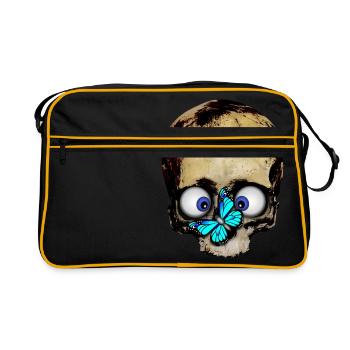 Totenkopf blauer Schmetterling / skull butterfly - Retro Tasche - Schwarz/Gold - Vorne