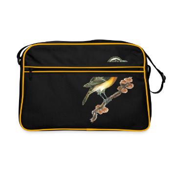 Braunkehlchen / Vogel / Pilze - Retro Tasche - Schwarz/Gold - Vorne