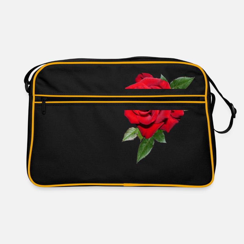 Rose mit Blättern in XXL - Retro Tasche - Schwarz/Gold