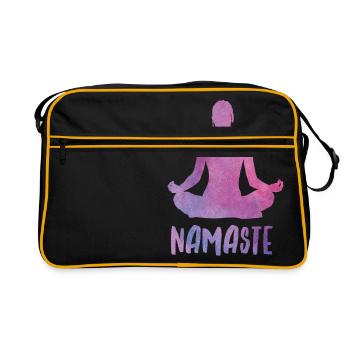 Yoga Silhouette mit Namaste Schriftzug - Retro Tasche - Schwarz/Gold - Vorne