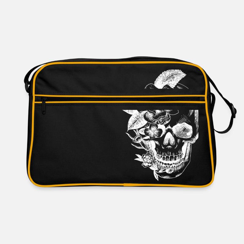 Schädel und Blumen - Retro Tasche - Schwarz/Gold