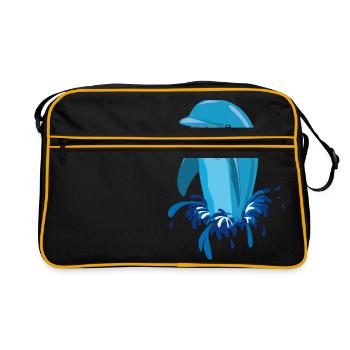 Delphin blau lachend - Retro Tasche - Schwarz/Gold - Vorne