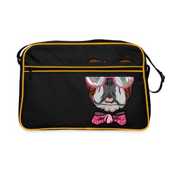 Bulldogge mit Brille und schleife, Geschenkidee - Retro Tasche - Schwarz/Gold - Vorne