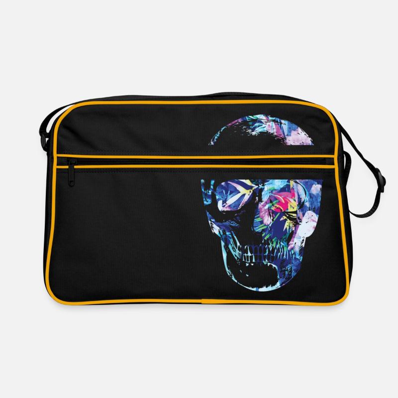 Schädel Blumen - Retro Tasche - Schwarz/Gold