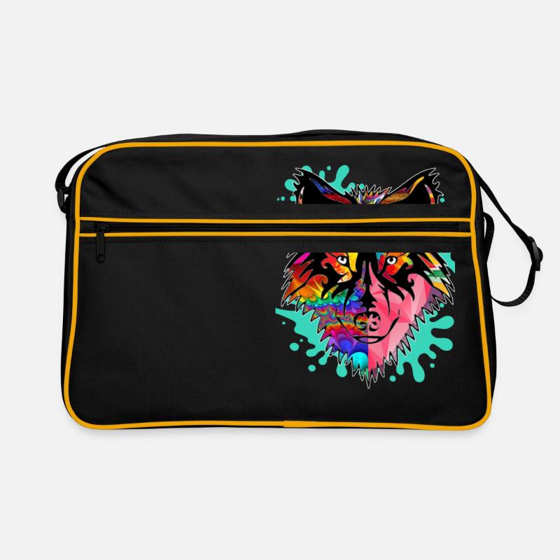 Wolf, bunt, - Retro Tasche - Schwarz/Gold