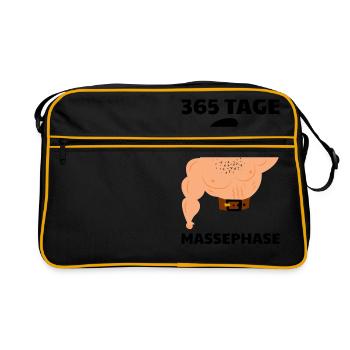 365 Tage Massephase | Fitness Shirt | Bodybuilding - Retro Tasche - Schwarz/Gold - Vorne