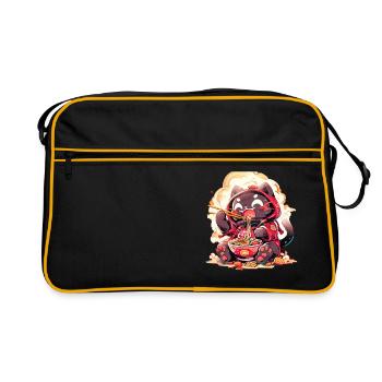 Anime Manga Kawaii Katze isst Ramen Nudeln - Retro Tasche - Schwarz/Gold - Vorne
