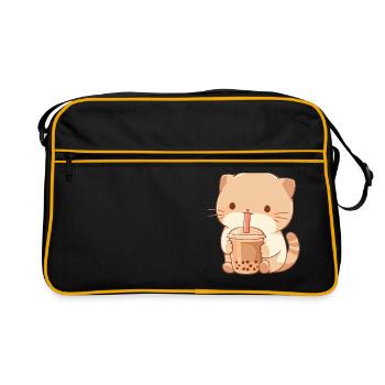 Kawaii Cat Drinks Boba Bubble Tea Chibi - Retro Bag - black/gold - Front