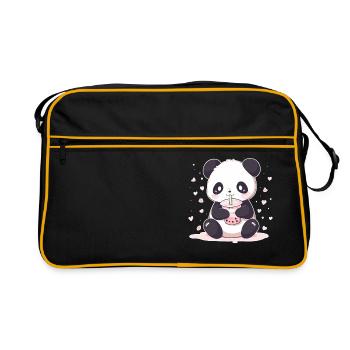 Kawaii Panda trinkt Boba Bubble Tea Chibi - Retro Tasche - Schwarz/Gold - Vorne