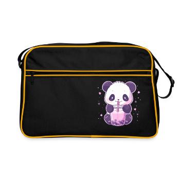 Kawaii Panda trinkt Boba Bubble Tea Chibi - Retro Tasche - Schwarz/Gold - Vorne