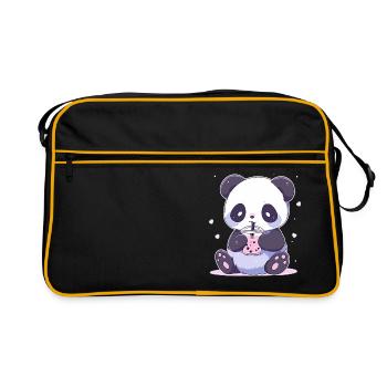 Kawaii Panda trinkt Boba Bubble Tea Chibi - Retro Tasche - Schwarz/Gold - Vorne