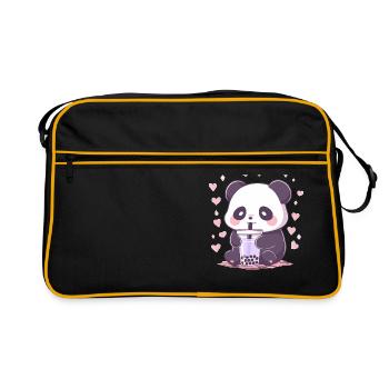 Kawaii Panda trinkt Boba Bubble Tea Chibi - Retro Tasche - Schwarz/Gold - Vorne