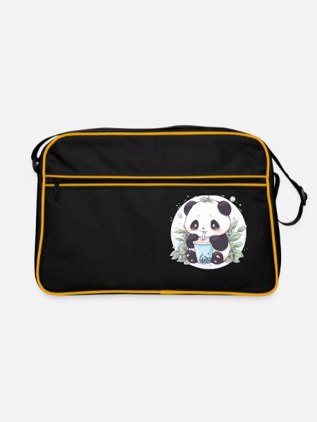 Kawaii Panda trinkt Boba Bubble Tea Chibi - Retro Tasche - Schwarz/Gold - Vorne