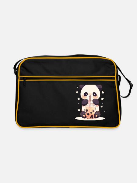 Kawaii Panda Drinks Boba Bubble Tea Chibi - Retro Bag - black/gold - Front