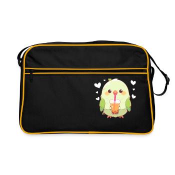Kawaii Lovebird Drinks Boba Bubble Tea Chibi - Retro Bag - black/gold - Front