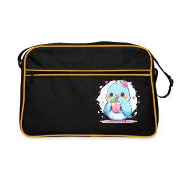 Kawaii Lovebird Drinks Boba Bubble Tea Chibi - Retro Bag - black/gold - Front