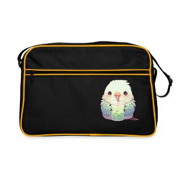 Kawaii Lovebird Drinks Boba Bubble Tea Chibi - Retro Bag - black/gold - Front