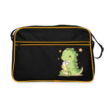 Kawaii Dinosaur Drinks Boba Bubble Tea Chibi - Retro Bag - black/gold - Front