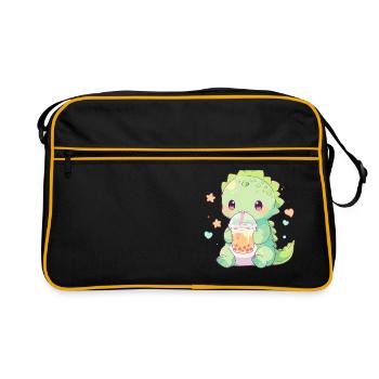 Kawaii Dinosaur Drinks Boba Bubble Tea Chibi - Retro Bag - black/gold - Front