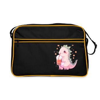 Kawaii Dinosaur Drinks Boba Bubble Tea Chibi - Retro Bag - black/gold - Front