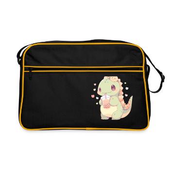 Kawaii Dinosaur Drinks Boba Bubble Tea Chibi - Retro Bag - black/gold - Front