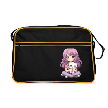 Kawaii Girl Anime Manga Fille et chat - Sac Retro - noir/or - Devant