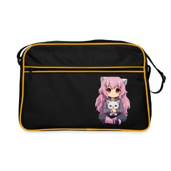Kawaii Girl Anime Manga Fille et chat - Sac Retro - noir/or - Devant