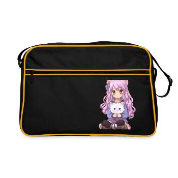 Kawaii Girl Anime Manga Fille et chat - Sac Retro - noir/or - Devant