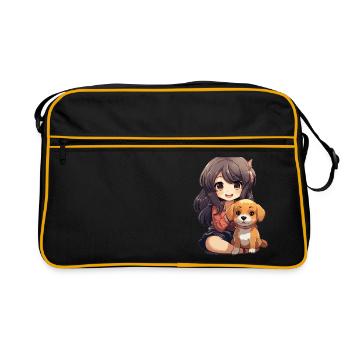 Kawaii Girl Anime Manga Fille et Chien - Sac Retro - noir/or - Devant