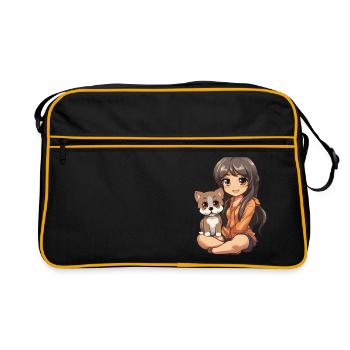 Kawaii Girl Anime Manga Fille et Chien - Sac Retro - noir/or - Devant