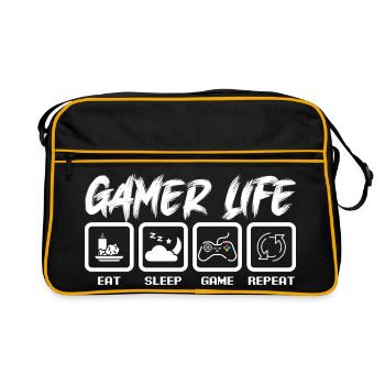 Gamer Leben Emblem T-Shirt - Retro Tasche - Schwarz/Gold - Vorne