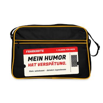 Fahrkarte: Mein Humor hat Verspätung - Retro Tasche - Schwarz/Gold - Vorne