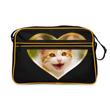 Niedliches junges Katzenkind miaut lustig mit Herz - Retro Tasche - Schwarz/Gold - Vorne