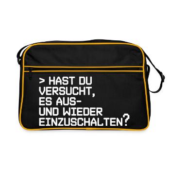 Tech Neustart Spruch: Aus- und Einschalten - Retro Tasche - Schwarz/Gold - Vorne