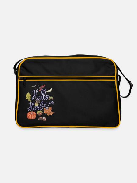 Bonjour l'automne avec des motifs de citrouille et d'automne - Sac Retro - noir/or - Devant