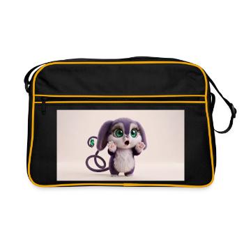 Surprised Cute Fluffy Creature with Big Green Eyes - Retro Tasche - Schwarz/Gold - Vorne